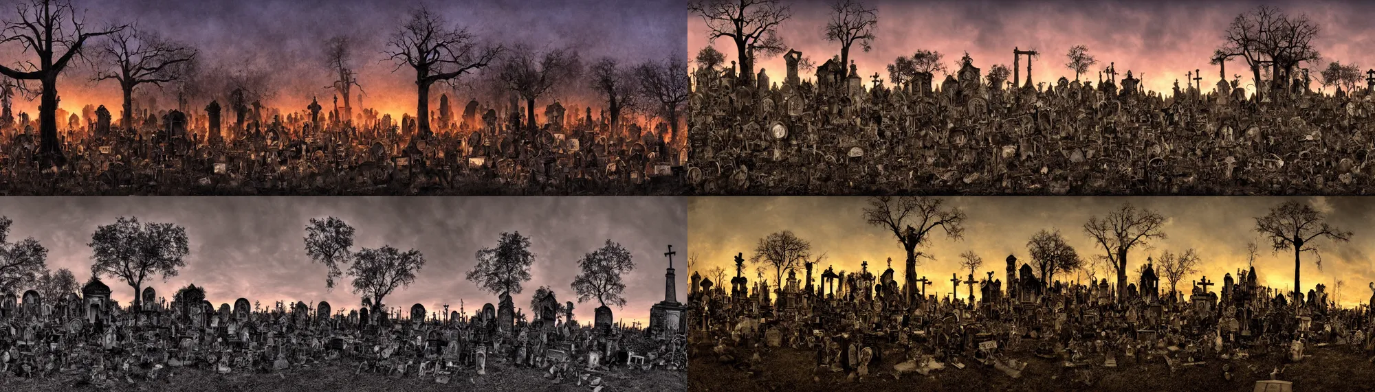 Prompt: souls graveyard and corpse hanging from a tree all lightened up with moody backlight sunset ,panorama by frazetta