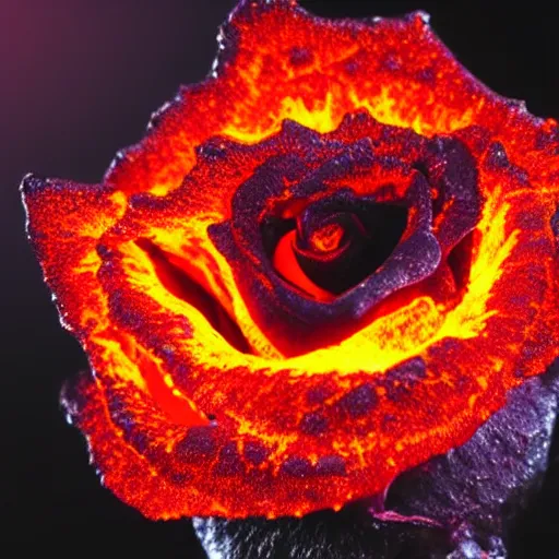 Image similar to award - winning macro of a beautiful black rose made of glowing molten magma