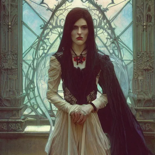 Image similar to portrait of a lady vampire, 35mm, victorian, depth of field, ominous, sharp, highly detailed, photorealistic, realistic, unreal 5, high definition, 8k, deviantart, donato giancola, irwin penn, Alphonse Mucha