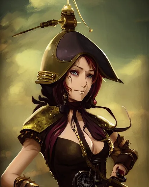 Image similar to a beautiful close up portrait 2D illustration of a young female steampunk pirate wearing leather armor on gold and red trimmings on green, by Charlie Bowater, tom bagshaw, Artgerm and Lois Van Baarle, beautiful anime face, very cool pose, pirate ship with an epic sky background, slightly smiling, cinematic anime lighting and composition, fantasy painting, very detailed, ornate, trending on artstation and pinterest, deviantart, google images