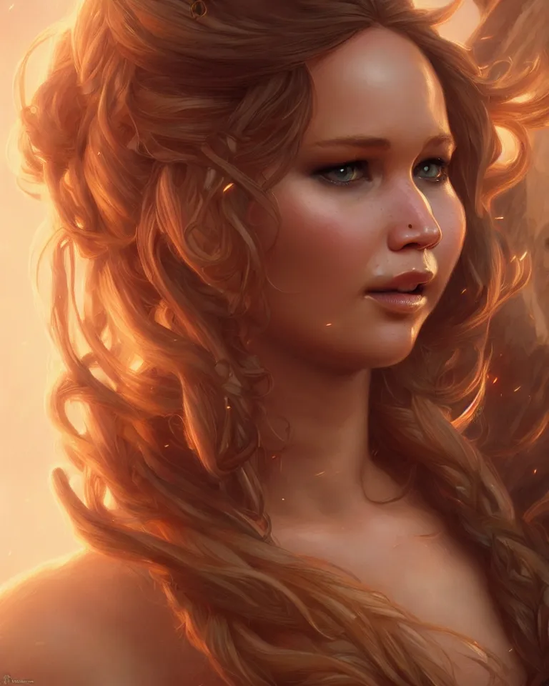 Image similar to Jennifer Lawrence, closeup, D&D, fantasy, intricate, elegant, highly detailed, digital painting, artstation, concept art, matte, sharp focus, illustration, hearthstone, art by Artgerm and Greg Rutkowski and Alphonse Mucha