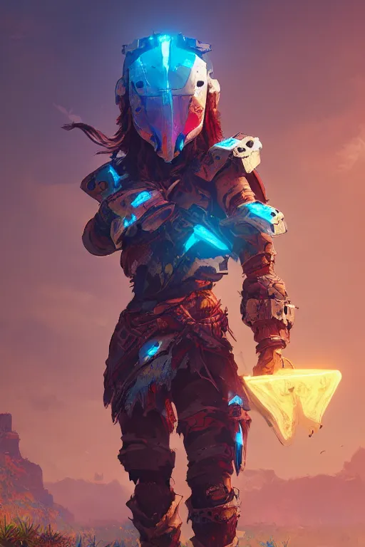 Image similar to combination suit armor aloy horizon forbidden west horizon zero dawn radiating a glowing aura global illumination ray tracing hdr fanart arstation by ian pesty and alena aenami artworks in 4 k tribal robot ninja mask helmet backpack