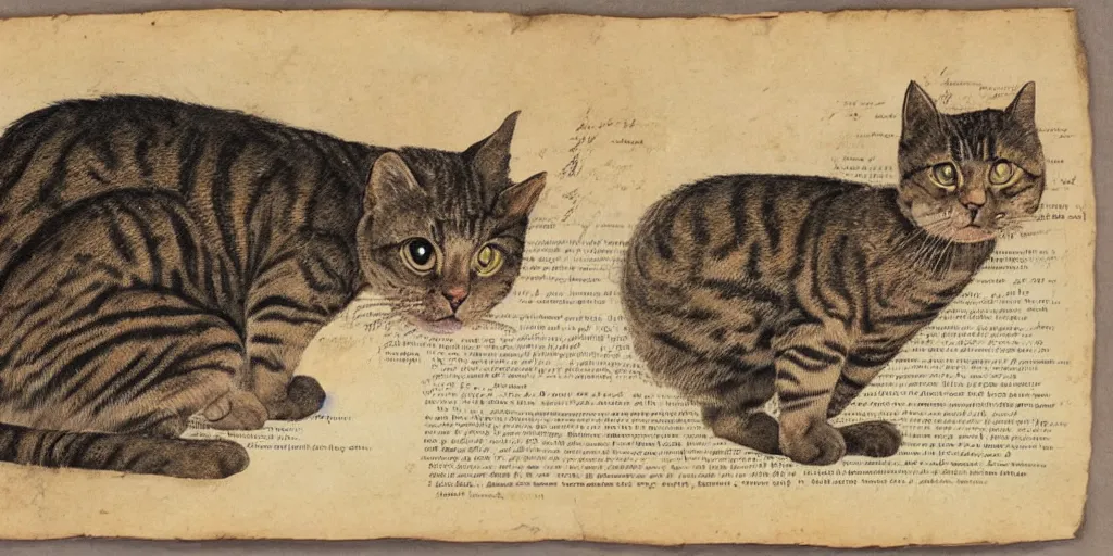 Prompt: old scientific document, cat, in rich color, aged paper, texture, highly detailed, lots of pictures, close up