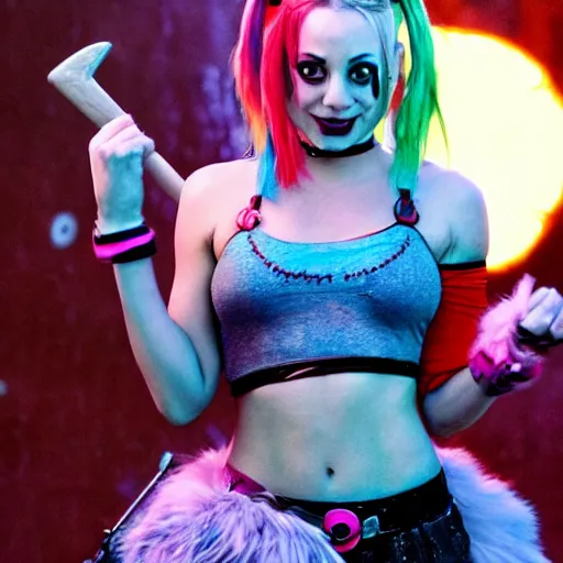 Image similar to A still of Kaley Cuoco as Harley Quinn, full-figure