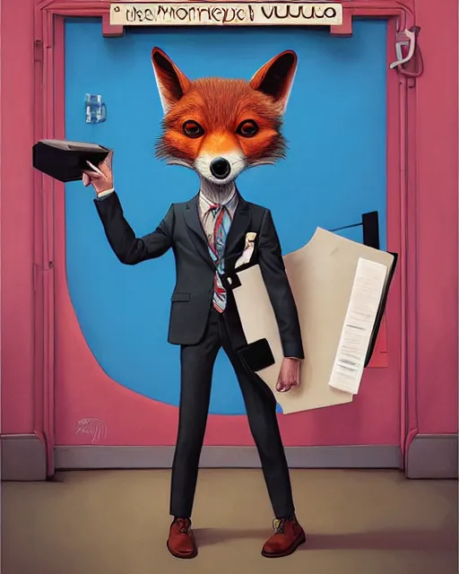 Image similar to a cute male anthropomorphic vulpes vulpes fulva wearing suit writing on blackboard, pixar style, by tristan eaton stanley artgerm and tom bagshaw