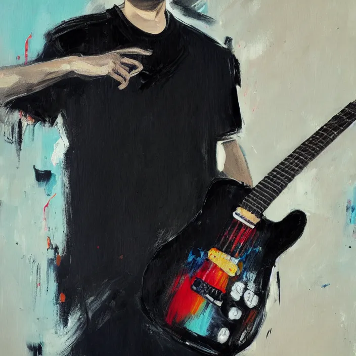 Prompt: large brush abstract! painting candid view of a young korean male musician wearing stylish black v neck t shirt holding a telecaster!!! electric guitar!!, thick flowing dramatic brush strokes, dark matte colors, abstract, impressionist, motion, trending on artstation