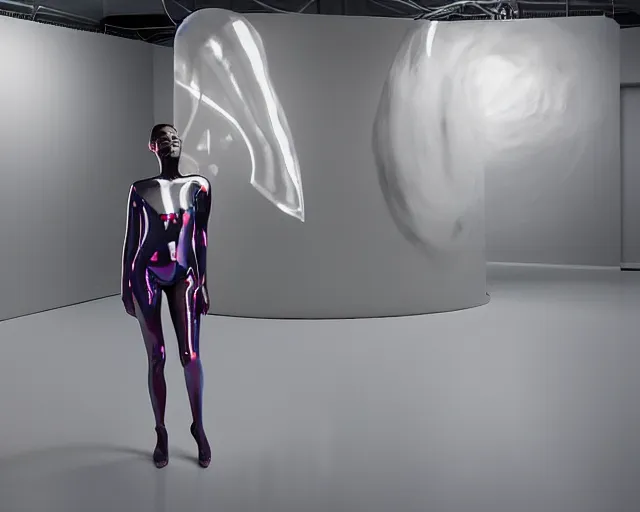 Image similar to portrait of a transforming model wearing futuristic bodysuit doing poses on a rotating platform in a photography studio surrounded by lights by james jean and luc tuymans and beeple and hernan bas and pat steir and hilma af klint, psychological, 3 d, dripping paint, high quality render, masterpiece