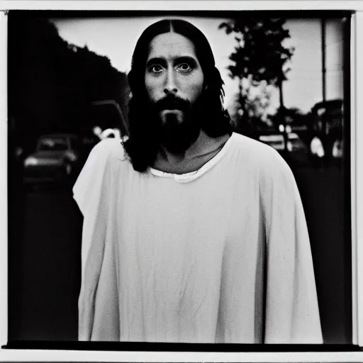 Prompt: photo of Jesus Christ by Diane Arbus, black and white, high contrast, Rolleiflex, 55mm f/4 lens