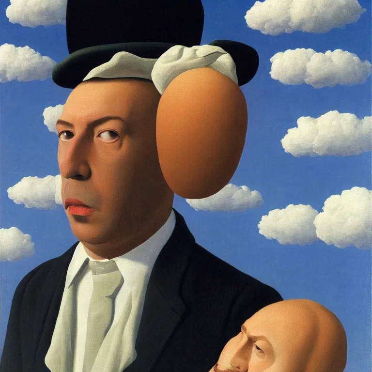 Prompt: portrait of a man whos head is hidden of clouds, by rene magritte, detailed painting, hd, hq, high resolution, high detail, 4 k, 8 k