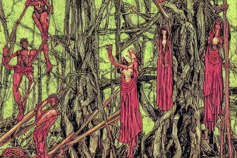 Image similar to scene from louisiana swamps, secret voodoo cult, crucifixion on a tree, artwork by jean giraud