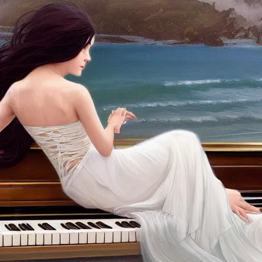 Prompt: A beautifull woman with long dark hair dressing a transparent white dress siting on a piano forte in the sea with Waves surrounding her, highly detailed, digital painting, artstation, concept art, sharp focus, illustration, art by artgerm and greg rutkowski and alphonse mucha