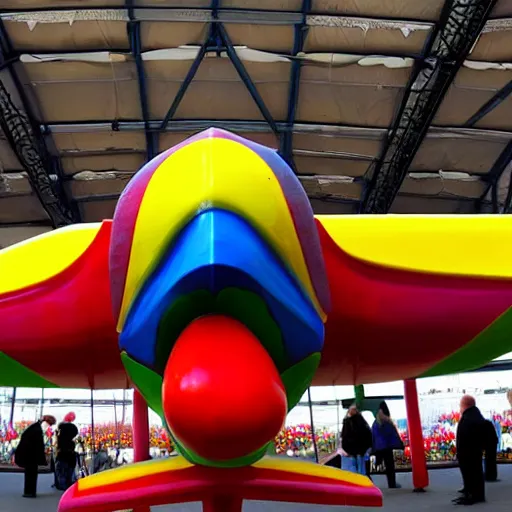 Image similar to sculpture of a plane made out of tulips, amsterdam show, realistic, 4 k, very detailed