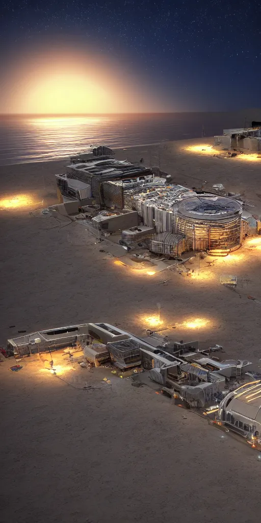 Prompt: concept art, controllable nuclear fusion power station built on the beach, bright lights, starry night, waves beating against the berm, high - tech, 8 k, high detail, octane rendering, unreal engine.