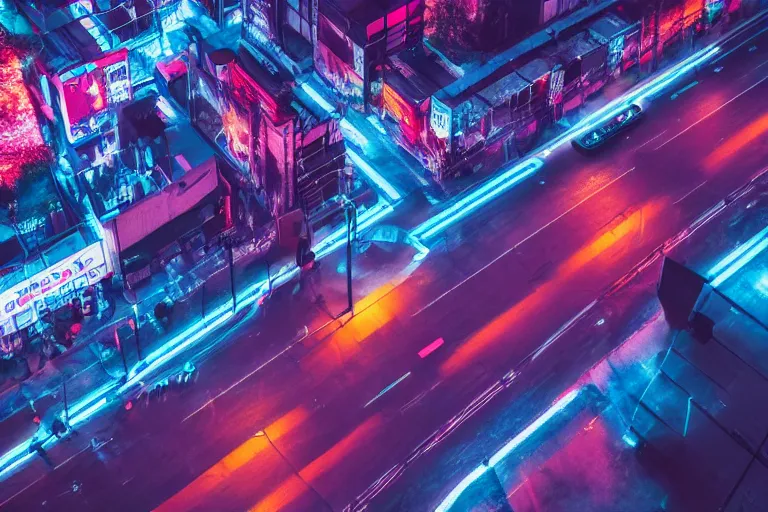 Prompt: aerial photo of neon tokyo street at night futuristic aesthetic matte painting, wallpaper, unsplash, colorful, neon blue color, vaporwave,