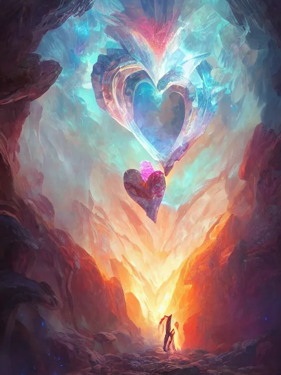 Image similar to a ultradetailed beautiful concept art of the crystal formation of the prismatic heart being absorbing the wonderful colors of the emotion around it in a forgotten cave full of beautiful crystal, concept art, high resolution 4 k, by tom bagshaw, greg rutkowski, charli bowater and artgeem