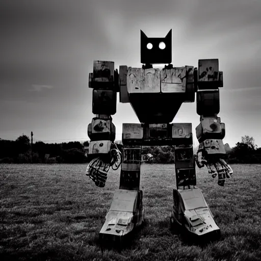 Image similar to giant robot at night with eyes smiling, grainy, vintage, stark light, dramatic lighting, evil smile, countryside at night, trash on the ground, night sky, scary, evil