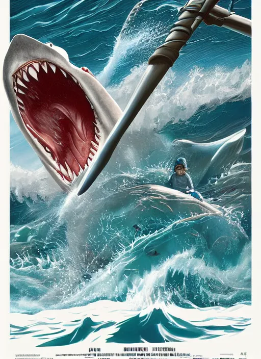 Prompt: Poster artwork for Jaws Part 7 (1999) highly detailed, centered, digital painting, artstation, concept art, smooth, sharp focus, illustration