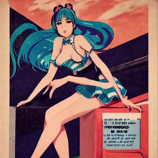 Image similar to Hatsune Miku full body pin up modeling in idol unioform, with a park in the back ground, post war style, detailed face, american postcard art style, by Gil Elvgren