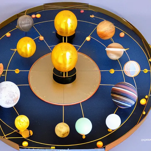 Prompt: a kinetic sculpture of this solar system, sun, mercury, venus, earth, mars, jupiter, saturn, uranus, neptune, pluto, orrery, canon 5 d 5 0 mm lens, papier - mache, studio, circa 1 8 9 5