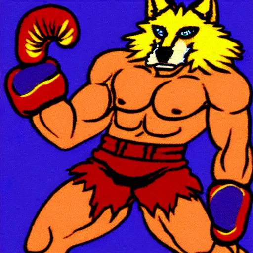 Prompt: full body portrait. 1 6 bit sega graphics. antropomorphic muscular masculine wolf, kickboxer fighter, in shorts, wolf head, in front of burning town at night. furr on body. 1 9 8 9