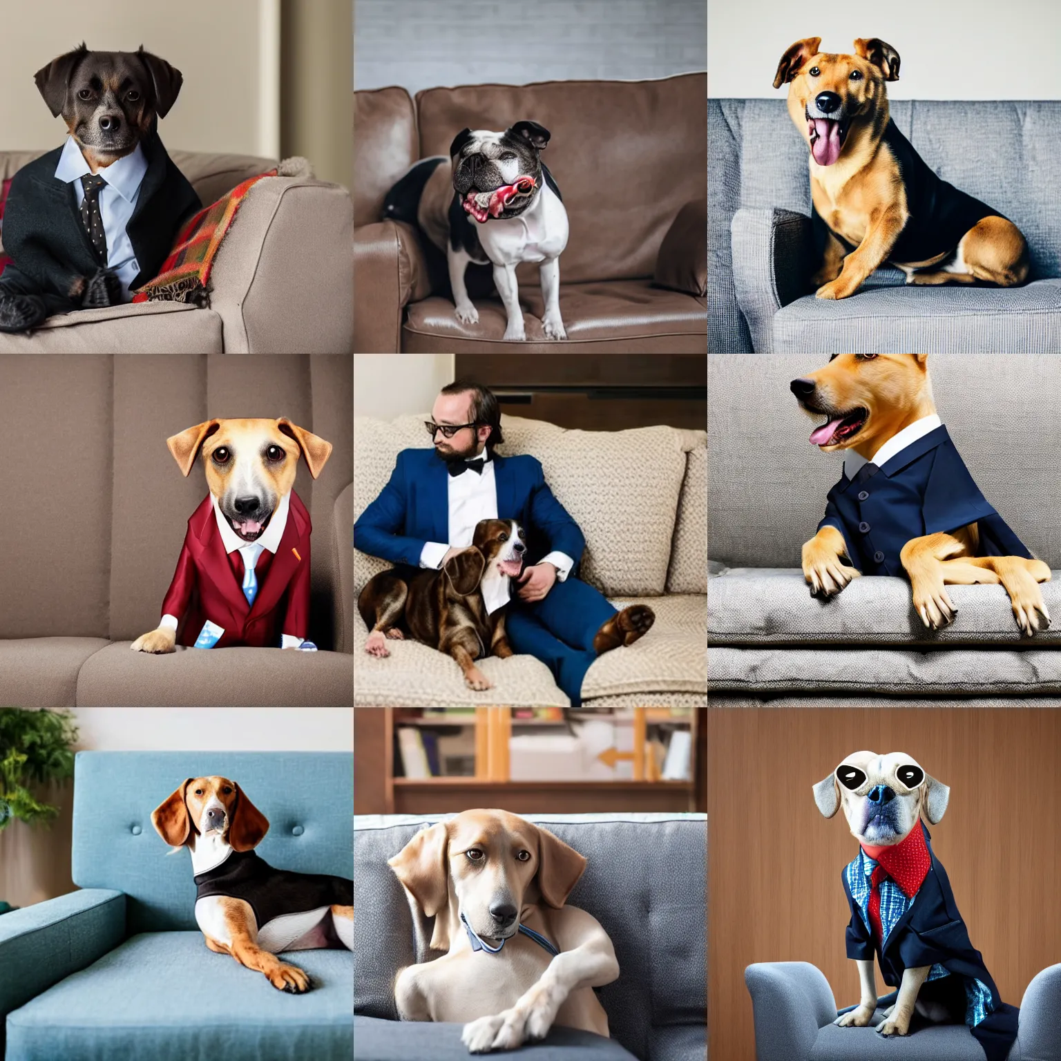 Prompt: a dog waring a suit sitting in a couch