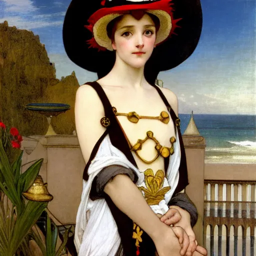 Image similar to A girl with jester hat and clothes on the front of a Balustrade with a beach on the background, major arcana clothes, by paul delaroche, alphonse mucha and arnold böcklin arnold böcklin hyperrealistic 8k, very detailed