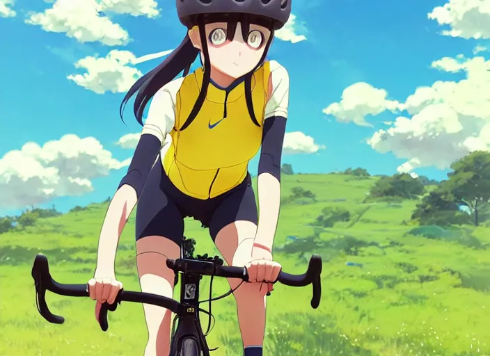 Prompt: portrait of cute girl riding road bike, sunny sky background, lush landscape, illustration concept art anime key visual trending pixiv fanbox by wlop and greg rutkowski and makoto shinkai and studio ghibli and kyoto animation, symmetrical facial features, sports clothing, yellow helmet, nike cycling suit, backlit, aerodynamic frame, realistic handlebar, realistic anatomy