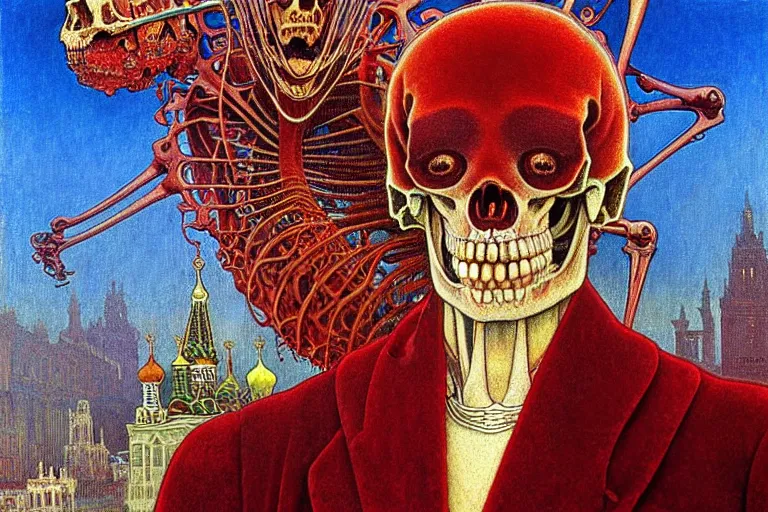 Image similar to realistic detailed closeup portrait painting of a single skeleton wearing red velvet blazer in a crowded futuristic moscow street by Jean Delville, Amano, Yves Tanguy, Alphonse Mucha, Ernst Haeckel, Edward Robert Hughes, Roger Dean, rich moody colours, blue eyes