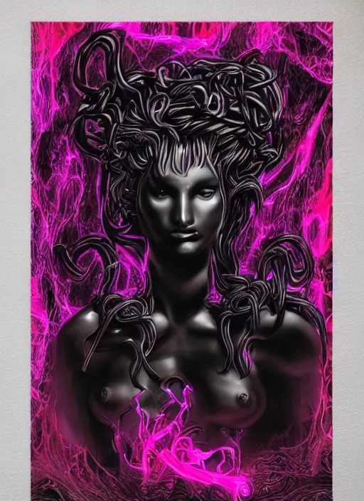 Image similar to dark design poster showing a statue of medusa, black background with very subtle red and purple design elements, powerful, nekro, vito acconci, thin straight lines, dark, glitch art, neo vaporwave, gritty, layout frame, square, trending on artstation