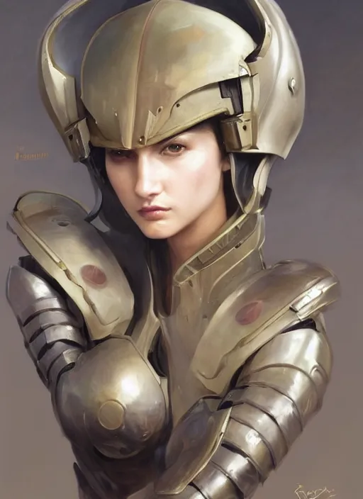 Image similar to a professional painting of a beautiful young female, clothed in military armor, olive skin, long dark hair, beautiful bone structure, symmetrical facial features, intricate, elegant, digital painting, concept art, smooth, sharp focus, illustration, from Metal Gear, by Ruan Jia and Mandy Jurgens and Artgerm and William-Adolphe Bouguerea