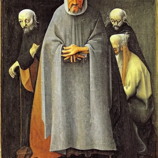 Prompt: portrait of an old frail wise wizard man in an ancient robe, art by hieronymus bosch