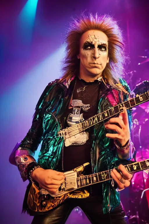 Image similar to saul goodman in a rock band, glam rock makeup, shredding playing guitar, hd image, on stage