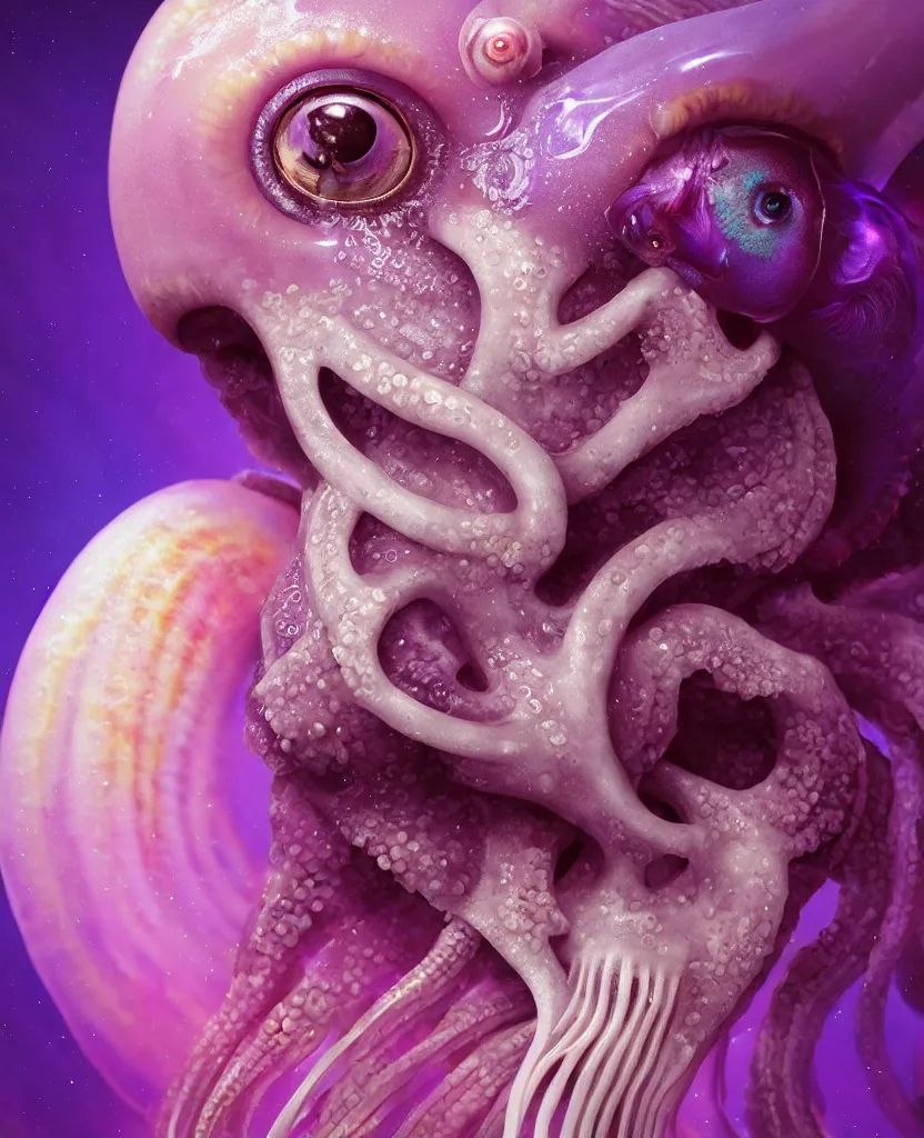 Image similar to goddess princess face close-up portrait ram skull. jellyfish phoenix head, nautilus, orchid, skull, betta fish, bioluminiscent creatures, intricate artwork by Tooth Wu and wlop and beeple. octane render, trending on artstation, greg rutkowski very coherent symmetrical artwork. cinematic, hyper realism, high detail, octane render, 8k