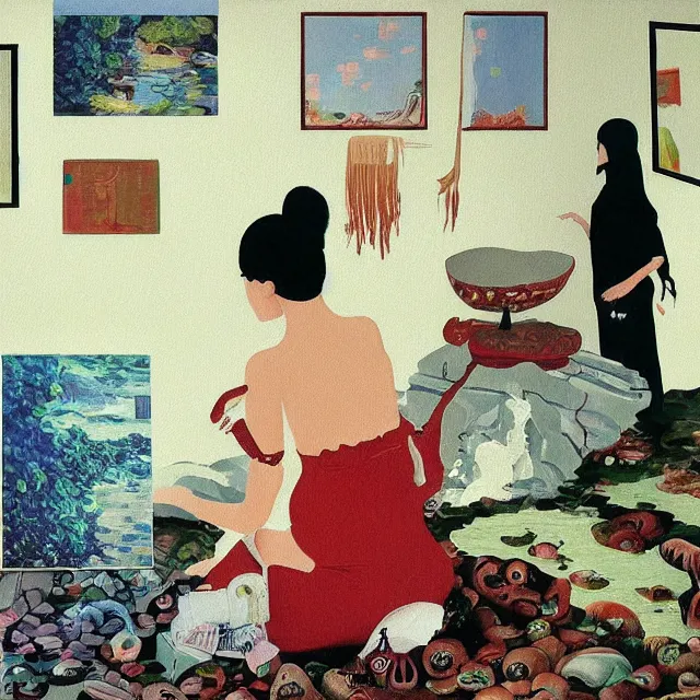 Image similar to female emo art student in her apartment, painting of flood waters inside an artist's feminine bedroom, a river flooding indoors, pomegranates, pigs, ikebana, water, octopus, river, rapids, waterfall, black swans, canoe, berries, acrylic on canvas, surrealist, by magritte and monet