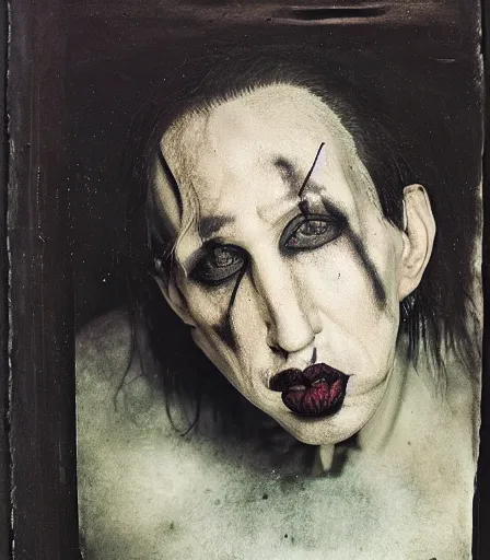 Image similar to portrait of marilyn manson by joel peter witkin and hieronymus bosch, high quality, high detail