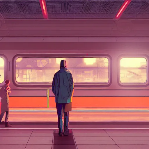 Prompt: a man waiting for a train at a train station, cyberpunk art by tomer hanuka, cgsociety, photorealism, matte drawing, digital illustration, digital painting