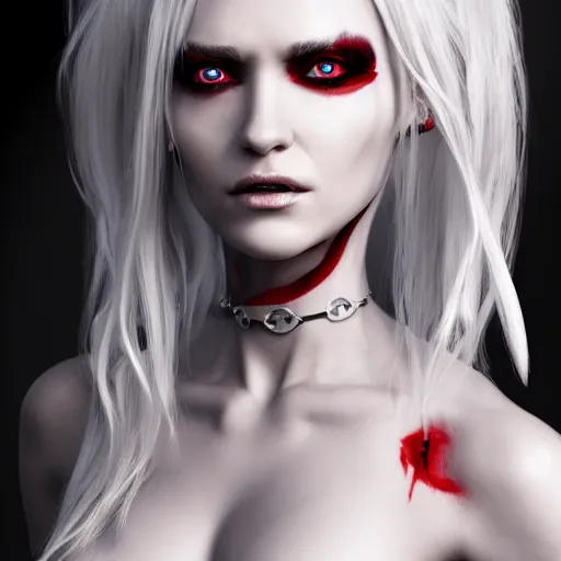 Image similar to a highly detailed portrait of a humanoid demon girl with white hair, red horns, in white clothes, artstation, deviantart, professional, unreal engine 5, photorealistic