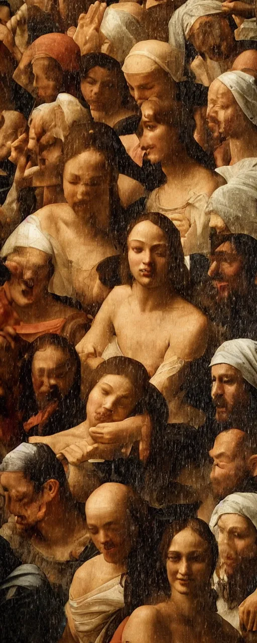 Prompt: hard rain pouring straight down, morning light, a hundred human figures smiling, renaissance painting, 8k, Trending on artstation, detailed.