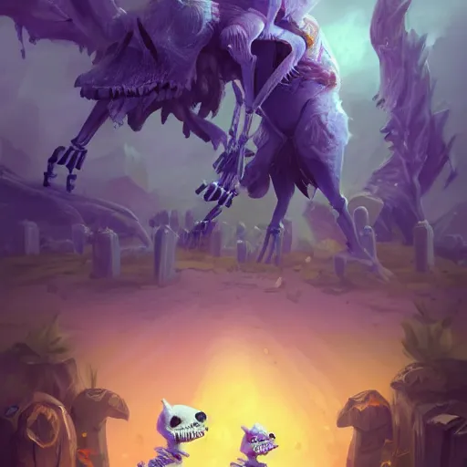 Image similar to cute skeleton animal creatures. hearthstone animal creatures, graveyard background, bright art masterpiece artstation. 8k, sharp high quality artwork in style of Jose Daniel Cabrera Pena and Greg Rutkowski, violet theme, concept art by Tooth Wu, hearthstone card game artwork