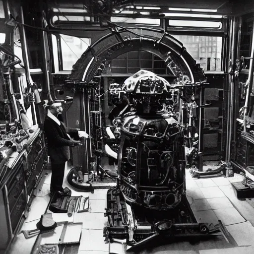 Prompt: scientists discovering an alien war machine inside a lab, 1 9 2 0's sci - fi, black and white, 8 k, highly ornate intricate details, extreme detail,