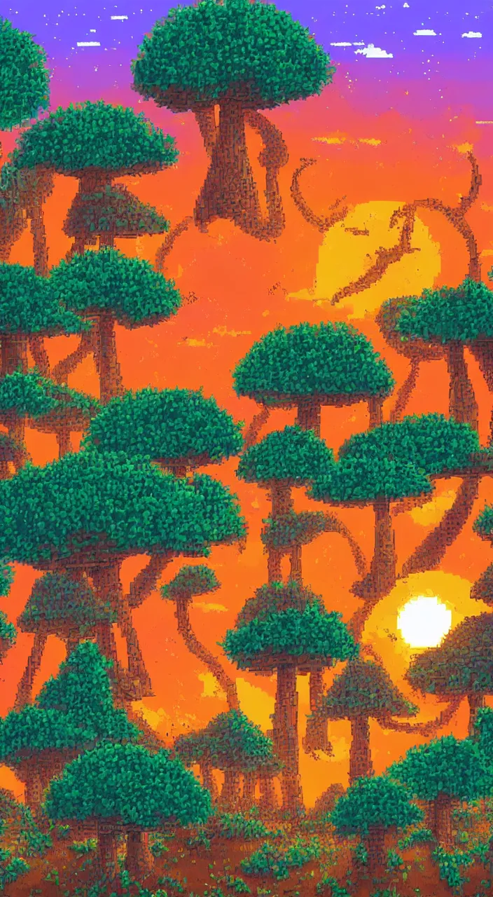 Image similar to a dreamy sunset in the giant mushrooms forest in pixelart style, highly detailed