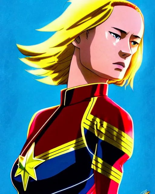 Image similar to Anime as Brie Larson playing Captain Marvel || cute-fine-face, pretty face, realistic shaded Perfect face, fine details. Anime. realistic shaded lighting poster by Ilya Kuvshinov katsuhiro otomo ghost-in-the-shell, magali villeneuve, artgerm, Jeremy Lipkin and Michael Garmash and Rob Rey as Captain Marvel in New York cute smile