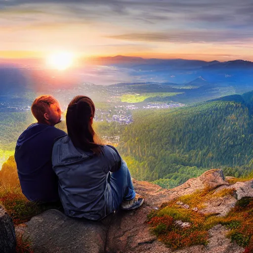 Image similar to a happy couple sitting on a mountain watching the sun rise, photograph, realistic, hdr