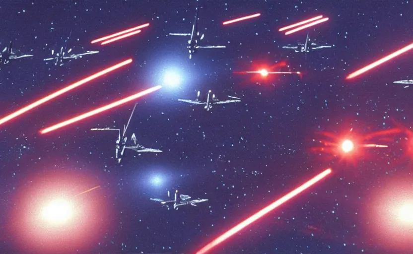 Prompt: iconic cinematic screen shot of fleet of x wing star fighters from the 1 9 8 0 s star wars sci fi film by stanley kubrick, optical glowing lasers, volumetric light, full of detail, 4 k uhd, kodak film stock, anamorphic lenses 2 4 mm, lens flare, iconic cinematography, award winning