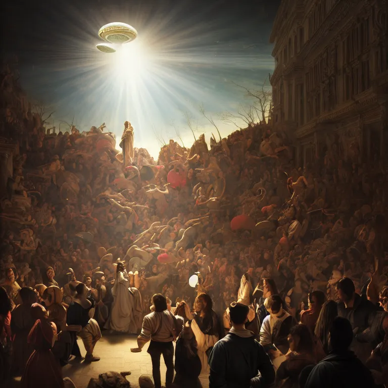 Prompt: beautiful man in a crowd of medieval people surrounding UFO flying saucer, dream-like atmosphere, baroque portrait painting, perfect portrait composition, beautiful detailed intricate insanely detailed octane render trending on Artstation, 8K artistic photography, photorealistic, soft natural volumetric cinematic perfect light, chiaroscuro, award-winning photograph, masterpiece, Raphael, Caravaggio, Greg Rutkowski, Beeple