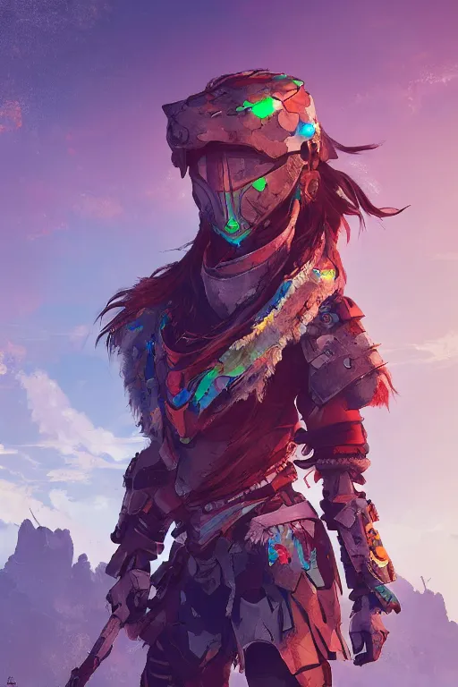 Image similar to combination suit armor aloy horizon forbidden west horizon zero dawn radiating a glowing aura global illumination ray tracing hdr fanart arstation by ian pesty and alena aenami artworks in 4 k tribal robot ninja mask helmet backpack