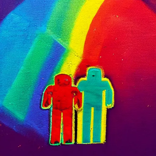 Image similar to Just two rainbow robots in love