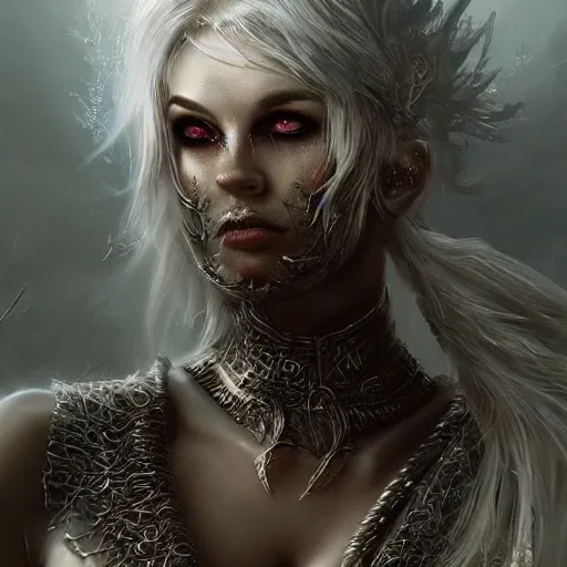 Image similar to kerli koiv as a fire queen flaming eylashes, darkwave, darksynth, concept headshot art, sharp, digital matte painting, art by luis royo, greg rutkowski, wlop, dramatic lighting, trending on artstation