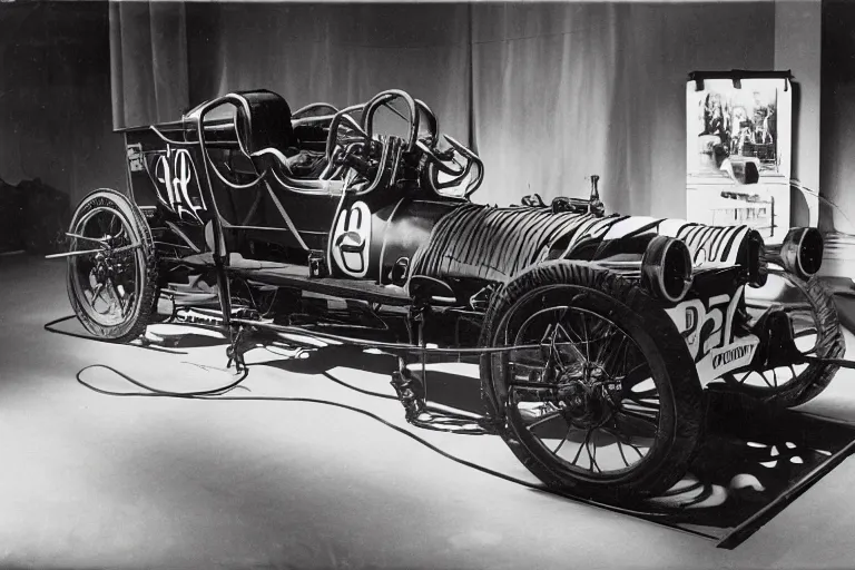 Image similar to cyberpunk 1 9 0 3 stanley steamer racecar, volumetric lighting, in a museum, museum exhibit, museum lighting, 9 0 s film photo