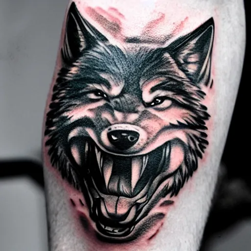 Image similar to tattoo of close up portrait photo of an angry wolf with huge teeth, 8k,